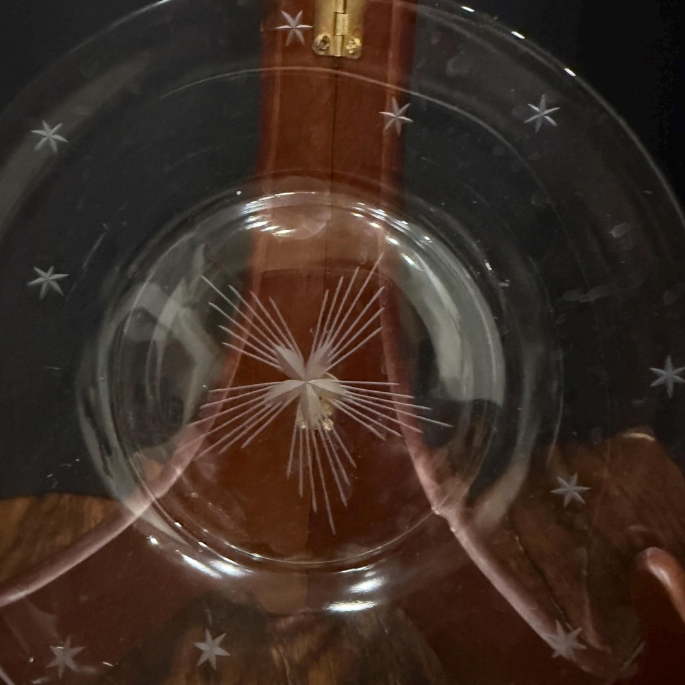 Vintage Atomic Starburst Etched Crystal‎ Plates Celestial MCM Glass Set Of 9